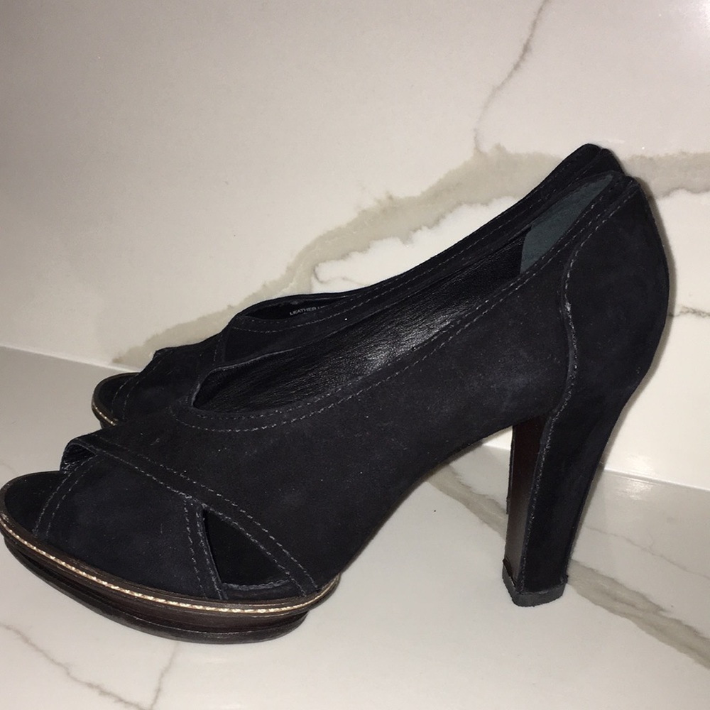 THEORY BLACK REAL LEATHER N SUEDE PEEP TOE PLATFORM SHOES EUC SIZE 8